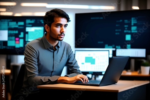 Young indian businessman working at his desk in front of computer screen