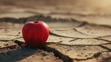 An apple sits on parched desert ground.