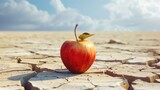 An apple sits on parched desert ground.