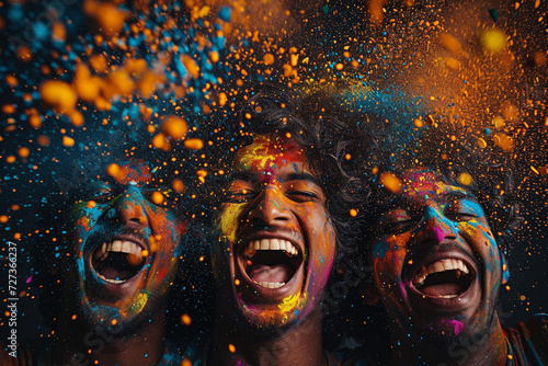 Three cheerful men with curly hair and orange powder on their faces and clothes at the Holi festival on a dark background. photo