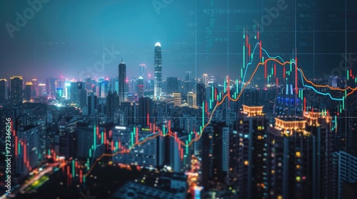 Close-up financial chart on blue monitor with uptrend line candlestick graph in stock market.