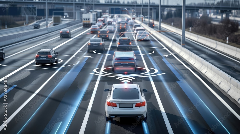 Self-driving vehicles on the highway embody futuristic transportation autonomy concepts - Generative.