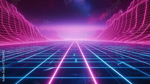 Retro futuristic 80s vibes with a digital laser grid backdrop photo