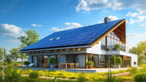 Wide banner with copyspace showcasing a futuristic smart home equipped with solar panels for renewable energy.