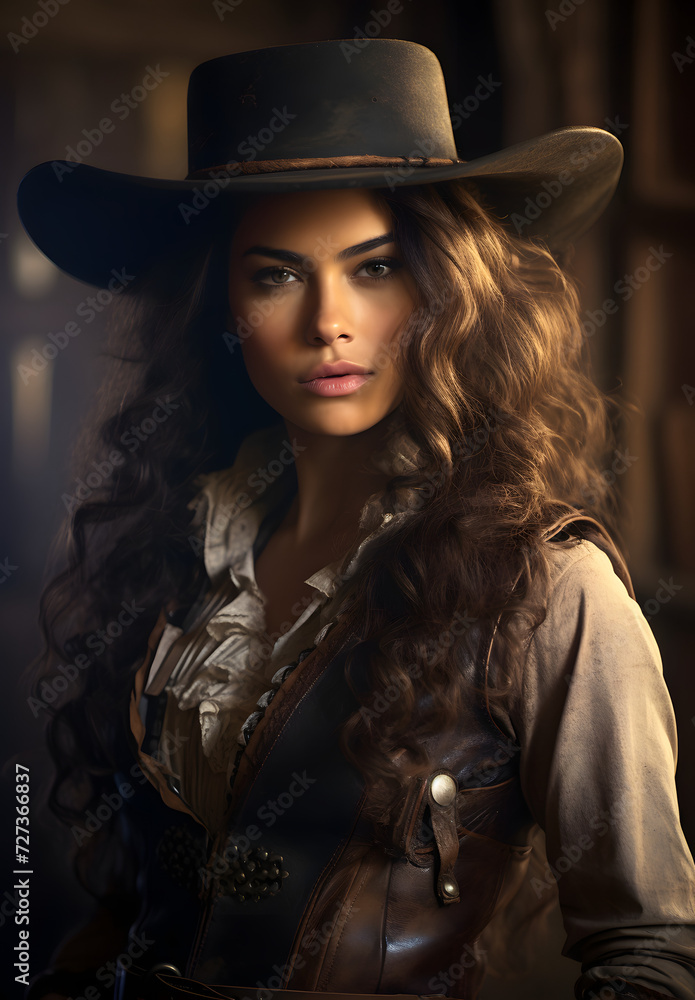 Portrait of a woman in the wild west in a cowboy outfit Portrait of a woman in the wild west in a cowboy outfit