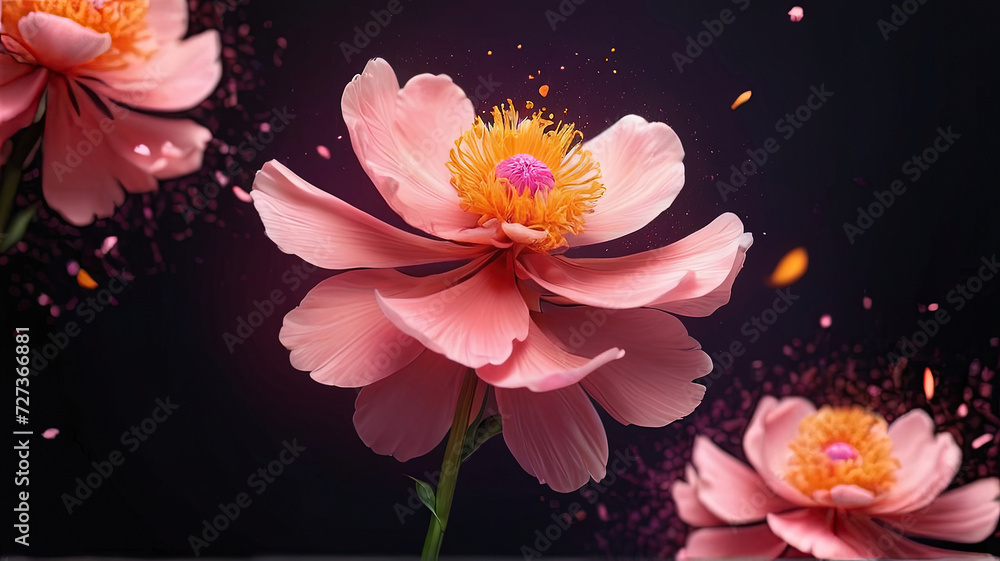 custom made wallpaper toronto digitalA large pink blooming flower with flying particles on a dark background