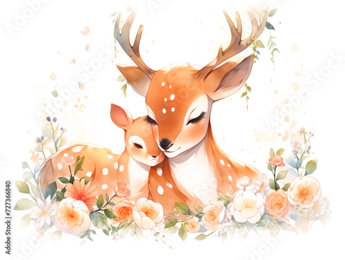 Little deer and his mother illustration watercolor on white background
