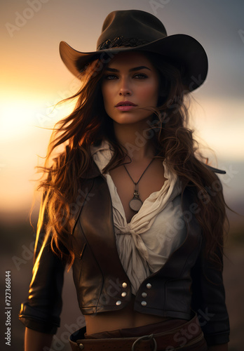 Portrait of a woman in the wild west in a cowboy outfit