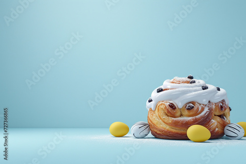 Easter cake cruffin decorated with raisins and white meringue and Easter eggs on a blue background. Copy space. photo