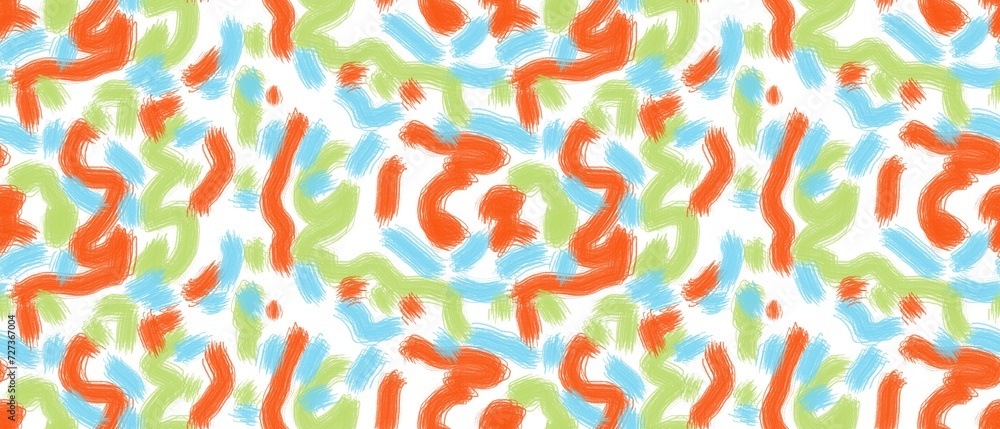 Seamless abstract pattern. Simple background with green, orange, blue, white texture. Digital brush strokes background. Lines. Design for textile fabrics, wrapping paper, background, wallpaper, cover