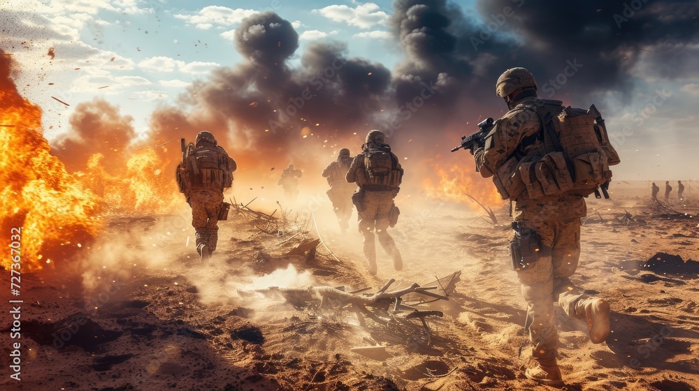 Special forces soldiers navigate a war-torn desert, overcoming obstacles and dangers.