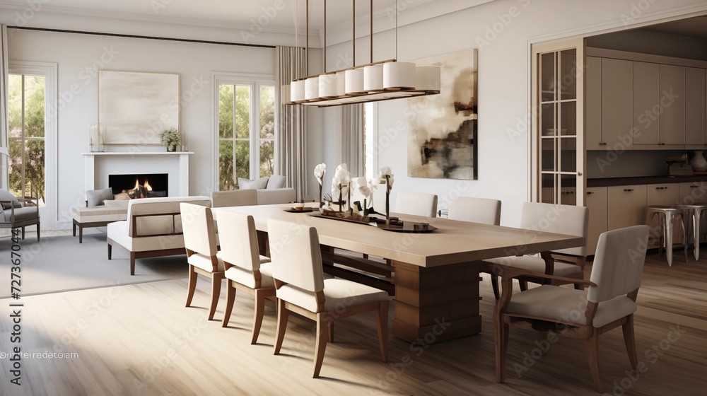 Opt for a large dining table with clean lines and comfortable chairs for a functional and inviting dining spacear