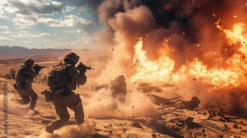Special forces soldiers navigate a war-torn desert, overcoming obstacles and dangers. photo