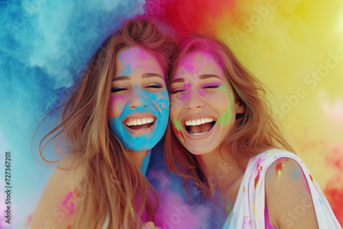 Two beautiful smiling young girls at the Holi festival in splashes of blue yellow powder.