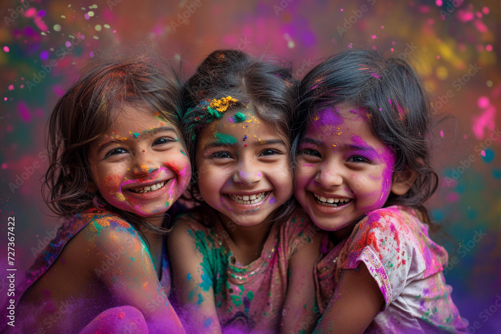 Three smiling little girls with colored powder on their faces at the festival of Holi.