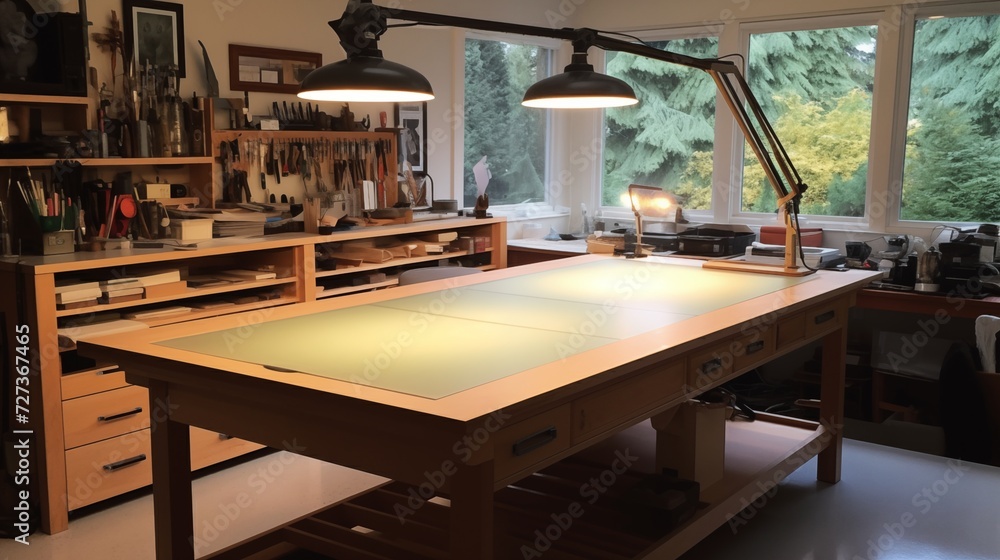 Opt for a large, sturdy work table with adjustable lighting for various art projects and techniquesar