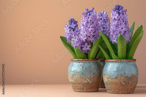 Purple hyacinths in ceramic pots on a table against a french beige background. Copy space.