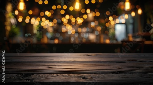 Product placement against a dark wooden table with a background of bokeh in restaurants.