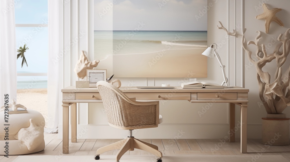 Fototapeta premium Opt for a minimalist desk with clean lines, and incorporate coastal elements like seashells or driftwood for a serene touchar