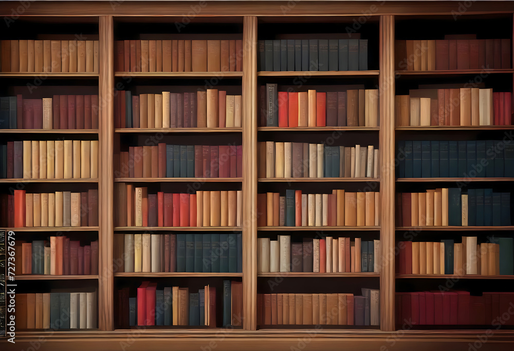 Elegant Wooden Bookshelves Filled with Colorful Books Elegant Wooden Bookshelves Filled with Colorful Books