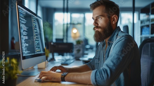 Hipster coder in casual shirt creating software and working in modern office, looking serious and lost in thought.