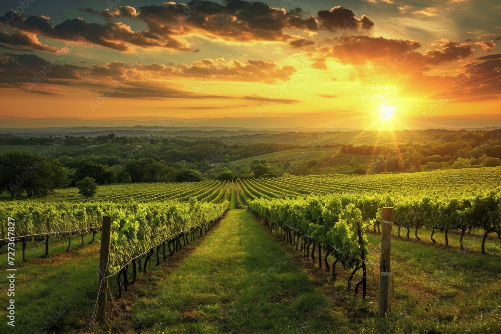 A photo capturing the natural beauty of the sun setting over a vineyard, showcasing the vibrant colors and serene atmosphere of the scene, A breathtaking view of a vineyard at sunset, AI Generated