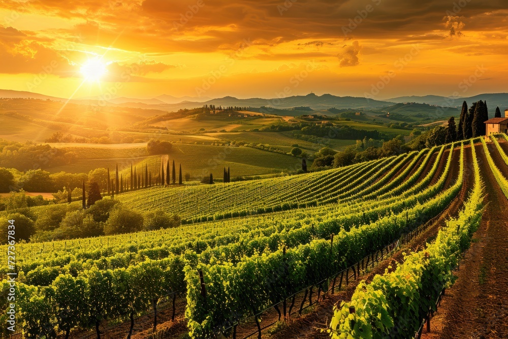 A stunning photograph capturing the vibrant colors of a sunset as it illuminates a vineyard in the countryside, A breathtaking view of a vineyard at sunset, AI Generated