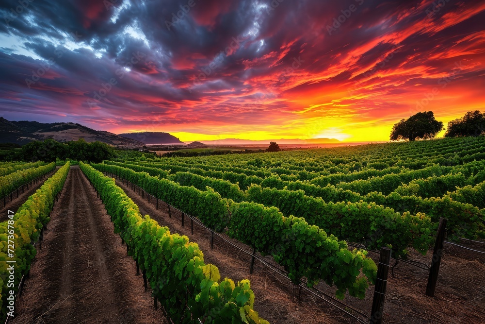 A stunning image capturing a vivid sunset scene above a vineyard, showcasing lush green vines, A breathtaking view of a vineyard at sunset, AI Generated A stunning image capturing a vivid sunset scene above a vineyard, showcasing lush green vines, A breathtaking view of a vineyard at sunset, AI Generated