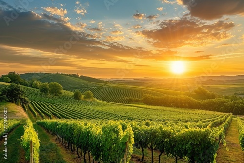 A photo capturing the moment as the sun sets over a sprawling vineyard, casting a warm glow on the landscape, A breathtaking view of a vineyard at sunset, AI Generated