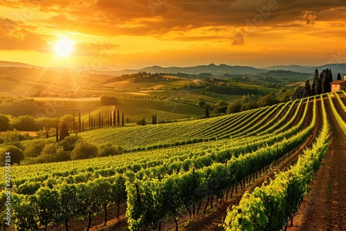 A stunning photograph capturing the vibrant colors of a sunset as it illuminates a vineyard in the countryside, A breathtaking view of a vineyard at sunset, AI Generated