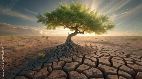 Climate change takes a toll on a struggling tree in dry soil. photo