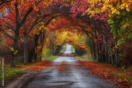 A road surrounded by a row of trees leading towards the horizon, A canopy of colorful autumn trees over a country road, AI Generated