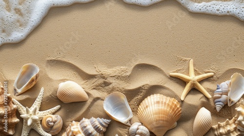 Top-down beach scene with sand, shells, and starfish in a flat icon style view.