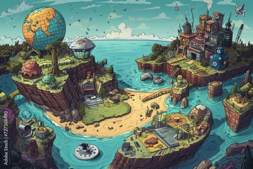 This photograph showcases a highly detailed map of a small island, densely populated with numerous buildings, A cartoonist's interpretation of a fictional podcast world, AI Generated photo