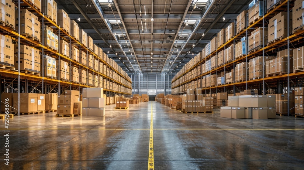 Goods are stored in cartons in a factory storage and shipping room with a logistics focus.