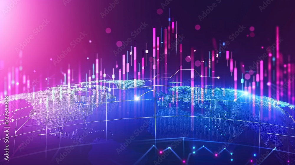 Blue backdrop with financial bar chart, uptrend line, and widescreen abstract stock market graph.
