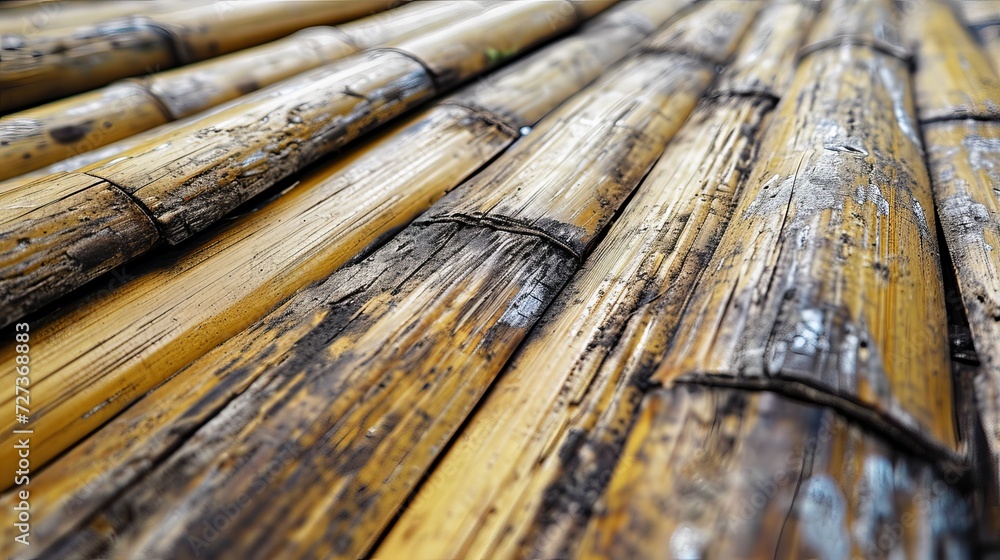 Fototapeta premium Close-Up View of Weathered Bamboo Texture, Detailed Natural Patterns and Rich Tones