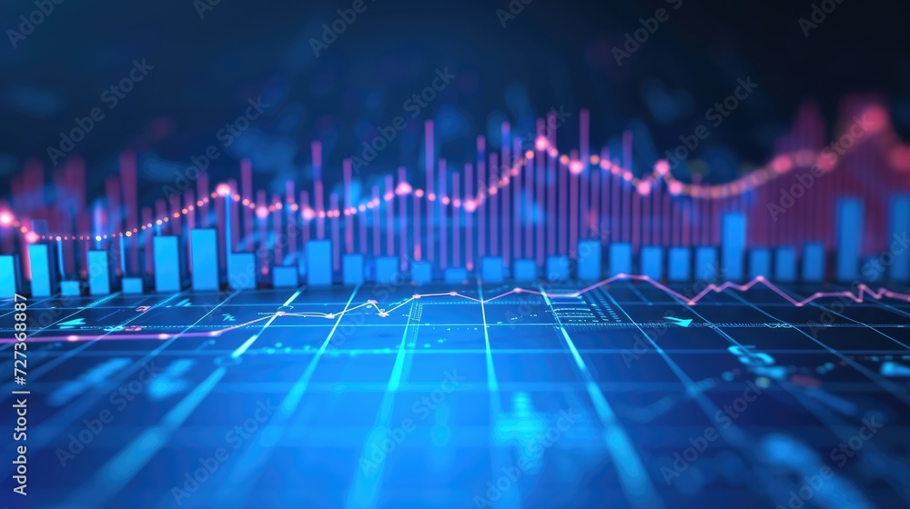 Blue backdrop with financial bar chart, uptrend line, and widescreen abstract stock market graph. - obrazy, fototapety, plakaty 