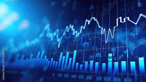 Blue backdrop with financial bar chart, uptrend line, and widescreen abstract stock market graph.