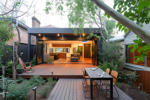 The renovation of a modern home extension in Melbourne includes the addition of a deck, patio, and courtyard area