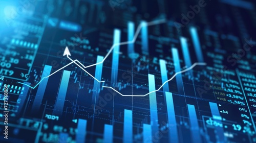 Blue backdrop with financial bar chart, uptrend line, and widescreen abstract stock market graph. photo