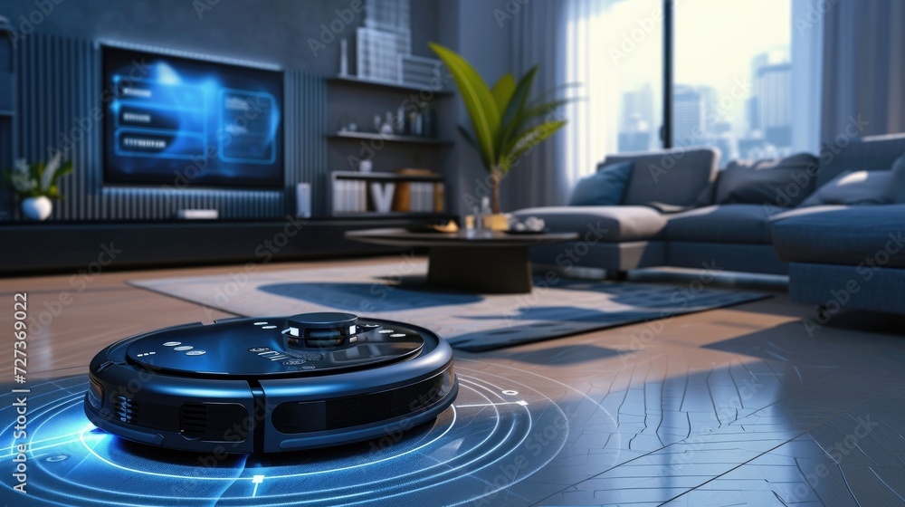 Scheduled robot vacuum with wireless connectivity, futuristic design, HUD data, and controls for cleaning a living room. - obrazy, fototapety, plakaty 