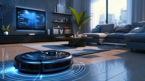 Scheduled robot vacuum with wireless connectivity, futuristic design, HUD data, and controls for cleaning a living room. photo