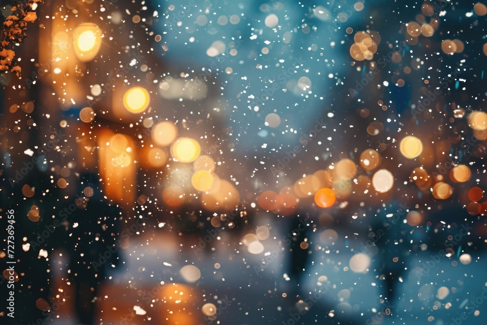 Obraz premium Blurry Image of a City Street at Night, A chilly scene of snowflakes softly falling on Christmas Eve, AI Generated
