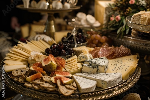 A table displays a platter filled with a variety of cheeses and crackers, enticingly arranged for a gathering or event, A cheese platter in the Rococo style, AI Generated
