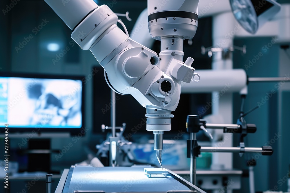 A photo depicting a microscope in a laboratory setting, with a monitor visible in the background, A close-up of a robotic surgical machine performing an operation, AI Generated