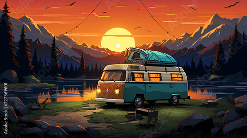 Concept of camper van and camping life photo