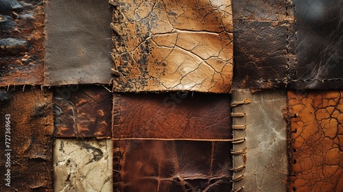 Variety of Textured Leather Patches, Detailed Close-Up, Rich Earth Tones photo