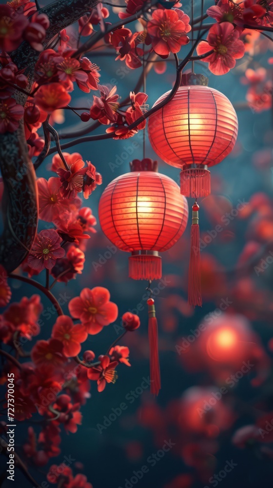 Fototapeta premium Wallpaper background for Chinese New Year featuring traditional oriental ornaments, vibrant lanterns, and rich red colors.