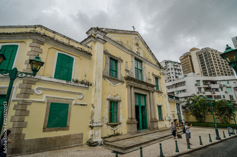 Macau historic old town during rainy day.